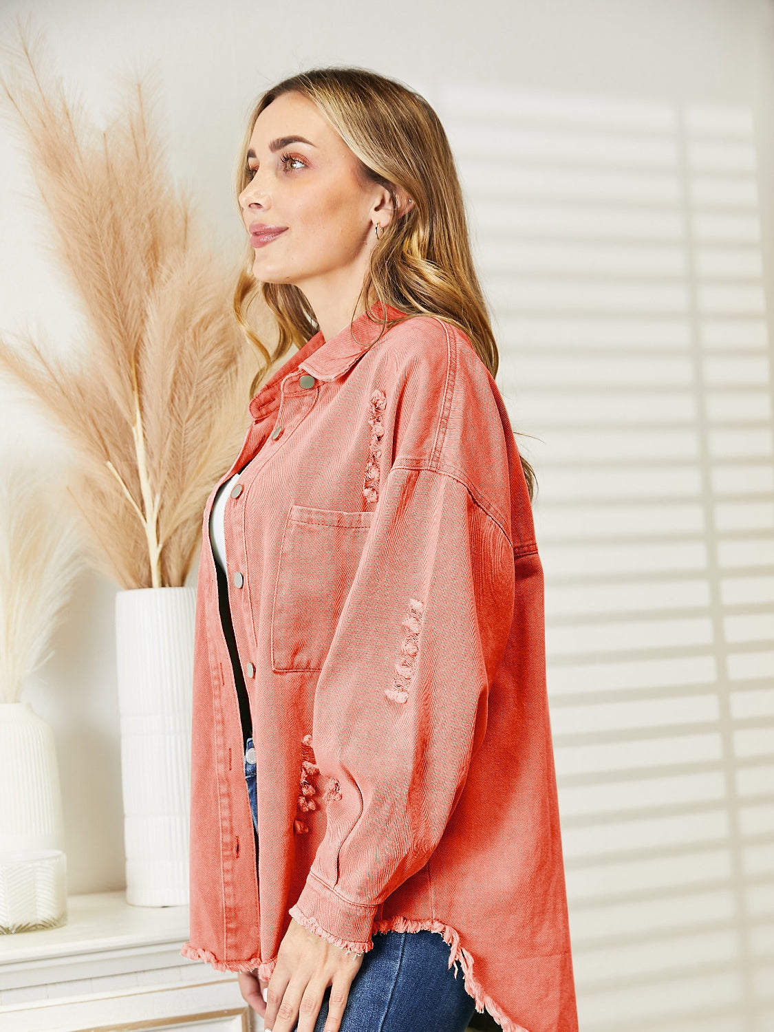 Distressed Raw Hem Denim Jacket - Fashorio