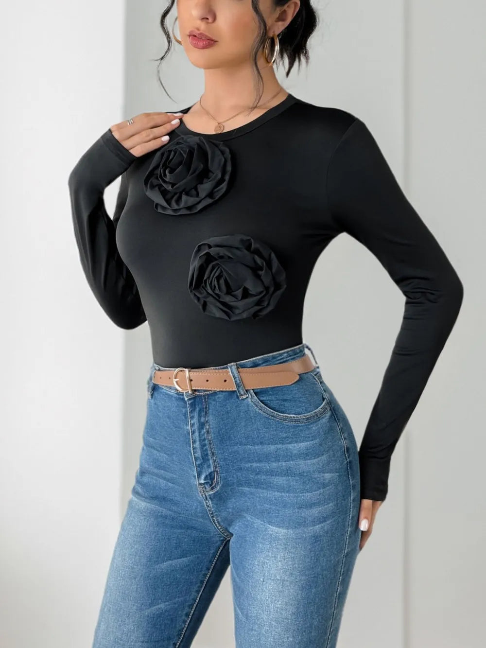Perfee Flower Round Neck Long Sleeve Bodysuit - Fashorio