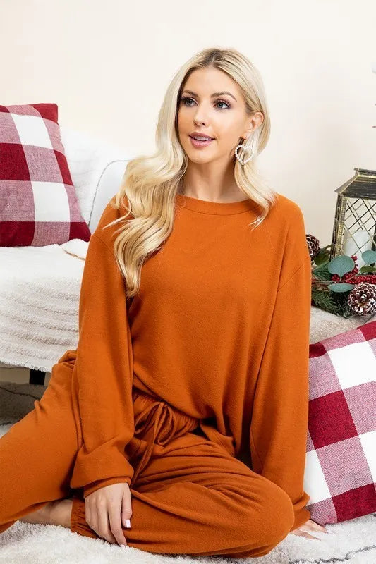 Super Lady Full Size Fuzzy Hacci Brush Round Neck Top and Pants Lounge Set - Fashorio