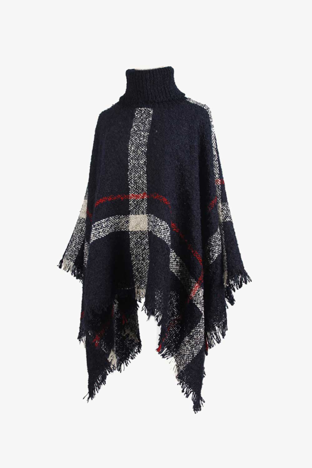 Plaid Turtleneck Raw Hem Poncho - Fashorio