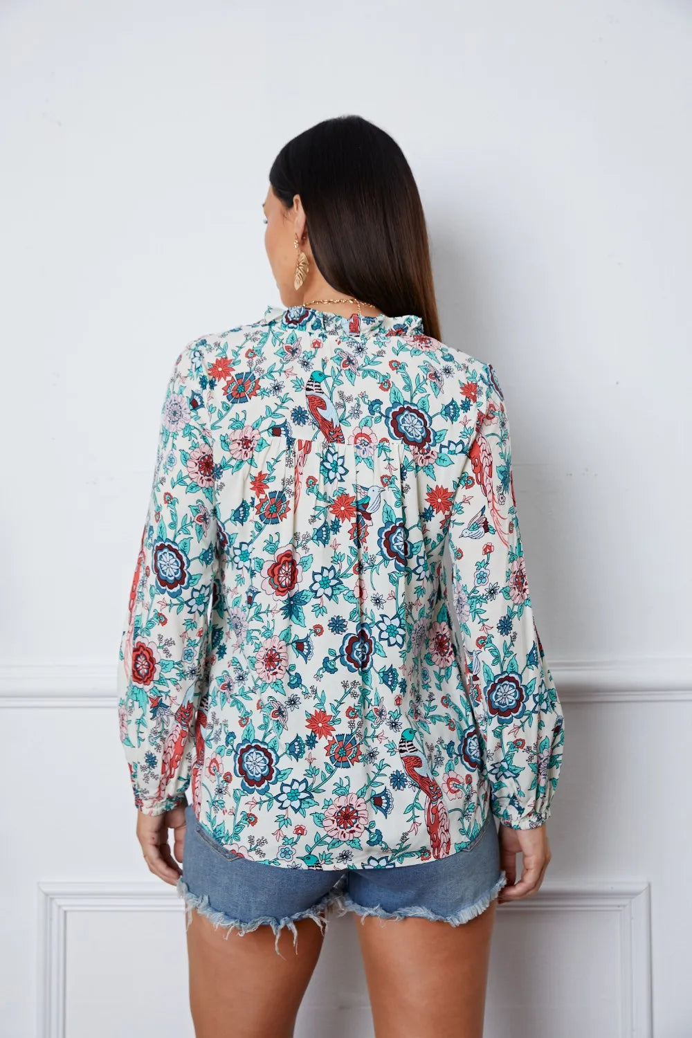 Floral Notched Long Sleeve Blouse - Fashorio