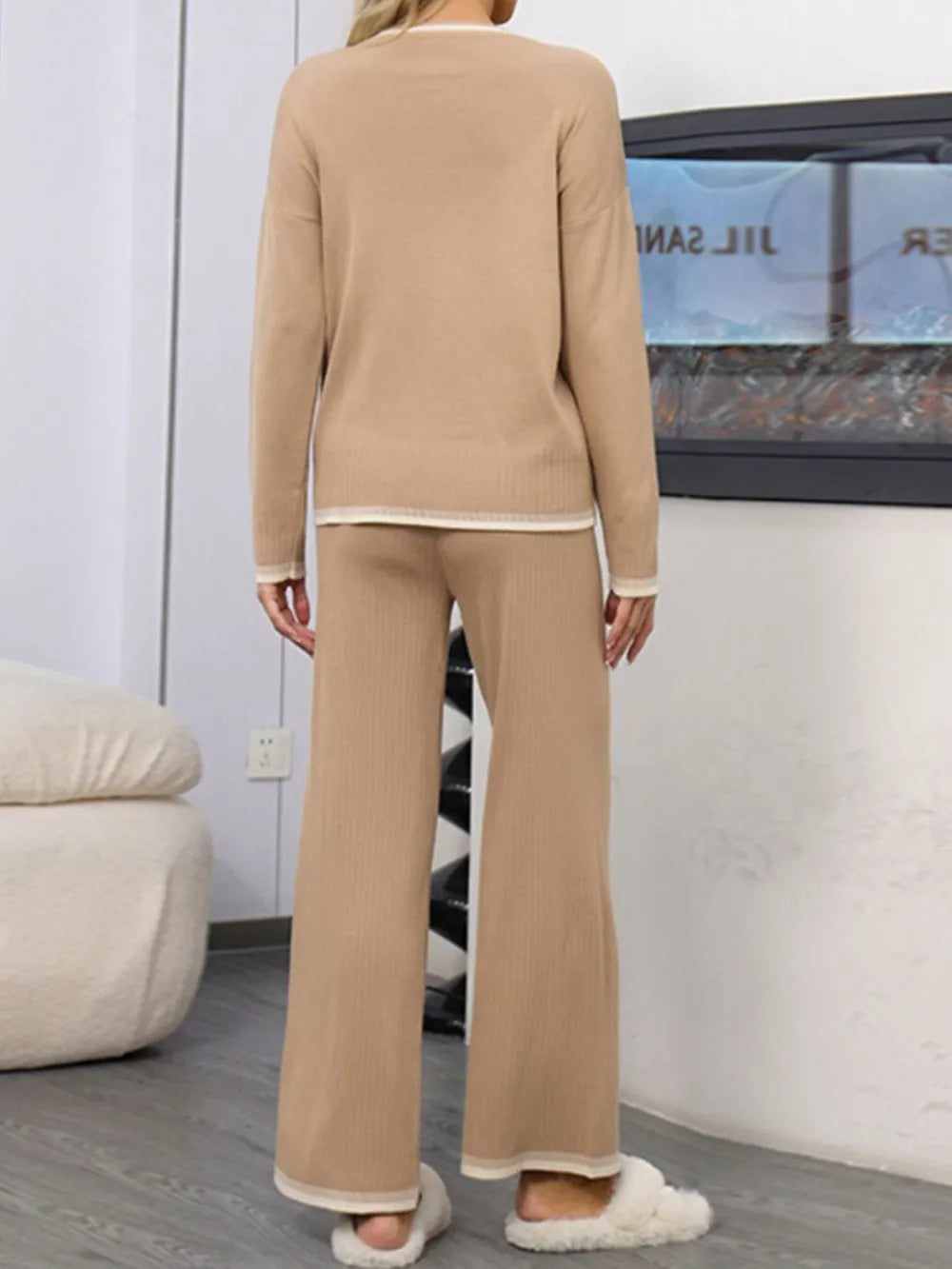 Contrast Trim Round Neck Top and Pants Sweater Set - Fashorio