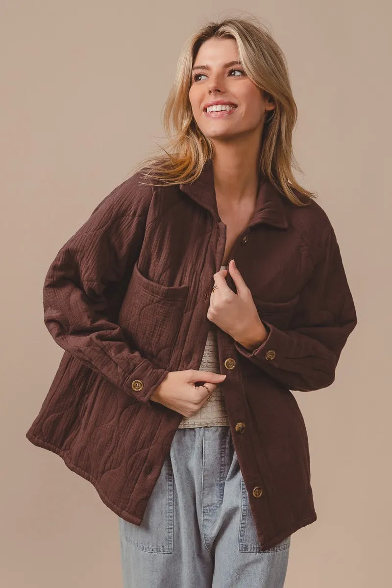 BiBi Quilted Gauze Long Sleeve Shacket – Oversized Buttoned Style - Fashorio