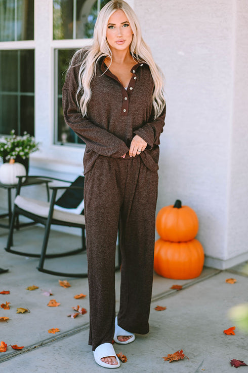 Buttoned Long Sleeve Top and Long Pants Lounge Set - Fashorio