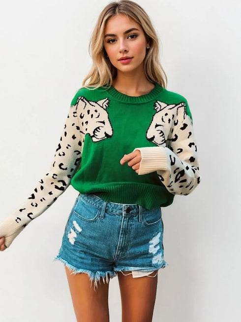 Leopard Round Neck Sweater Dark Green - Fashorio