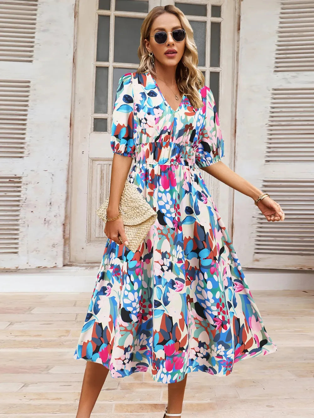 Ruched Printed Surplice Short Sleeve Dress Sky Blue - Fashorio