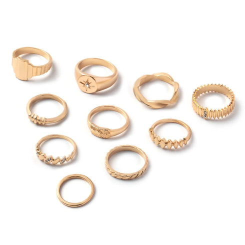 10-Piece 18K Gold-Plated Geometric Ring - Fashorio