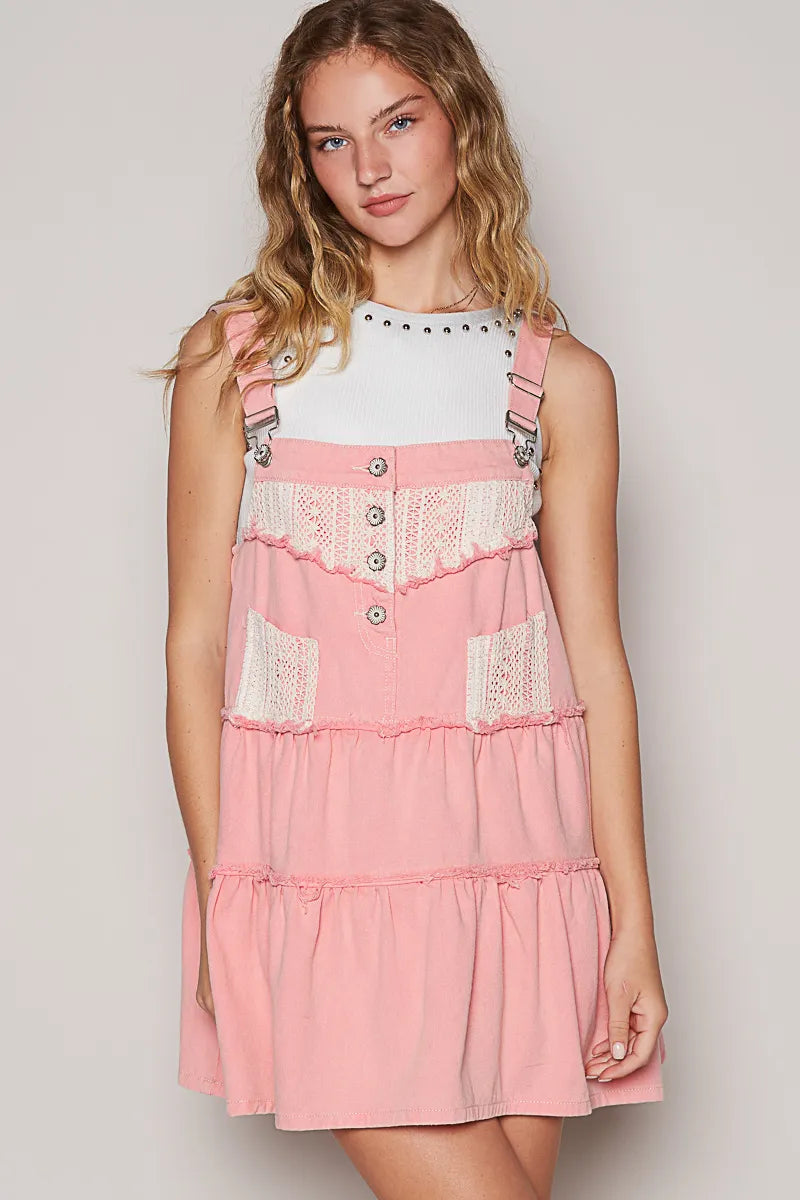 POL Lace Patchwork Detail Denim Overall Dress - Fashorio
