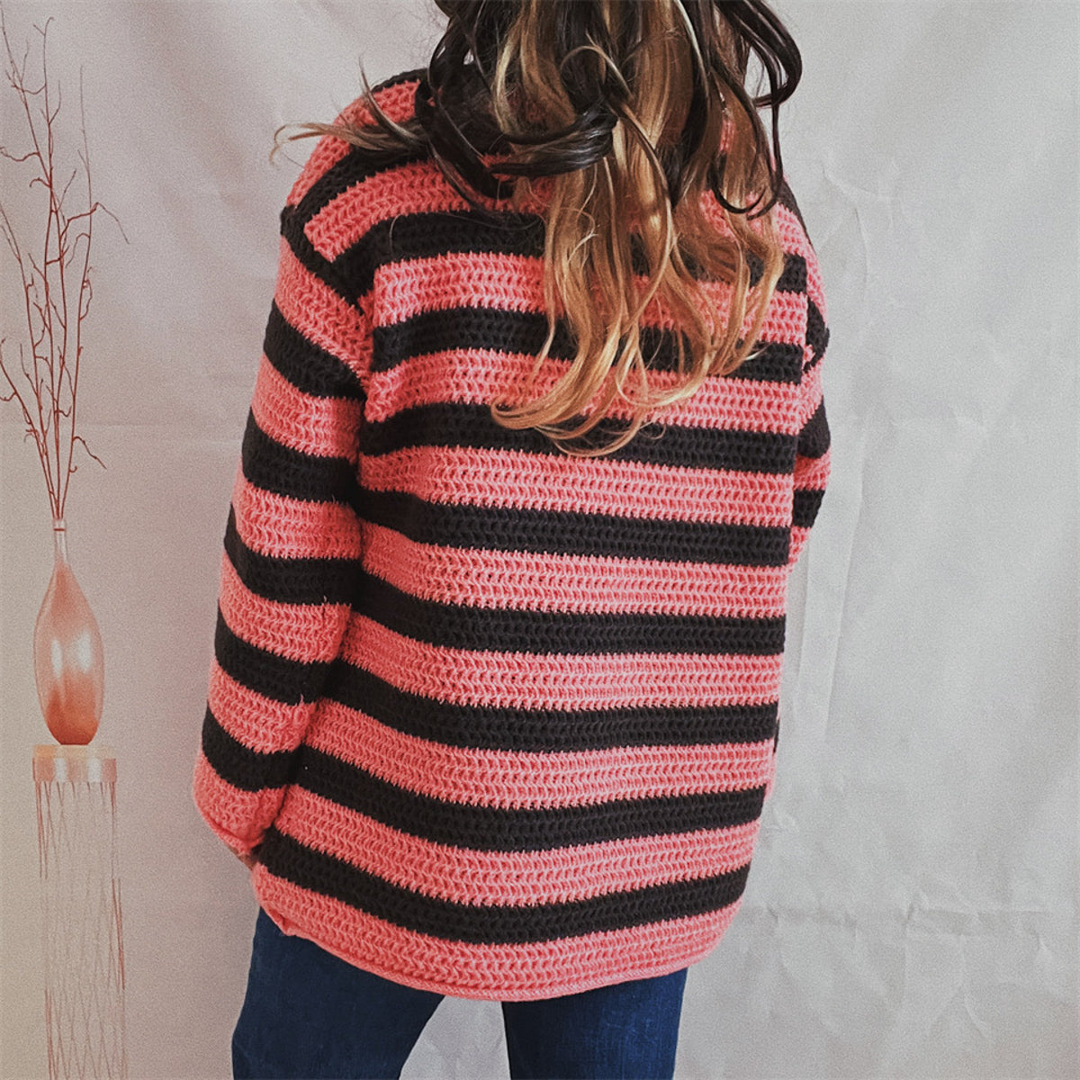 Striped Round Neck Long Sleeve Sweater - Fashorio