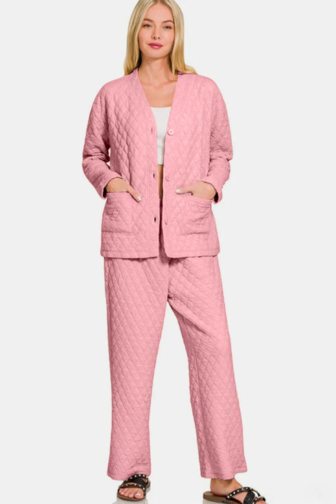 Zenana Quilted Button Up Long Sleeve Top and Pants Lounge Set - Fashorio