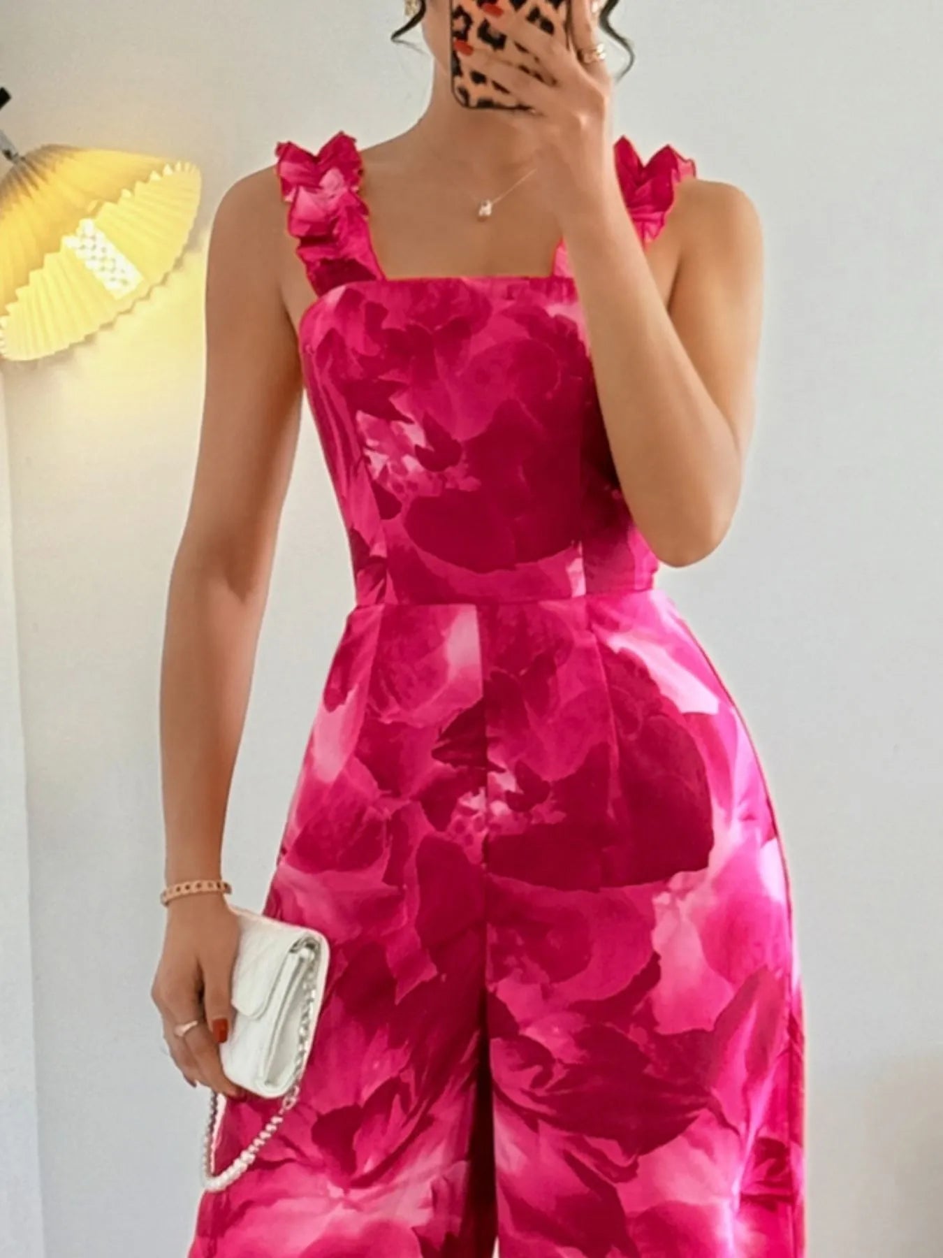 Floral Print Square Neck Wide Leg Jumpsuit - Fashorio