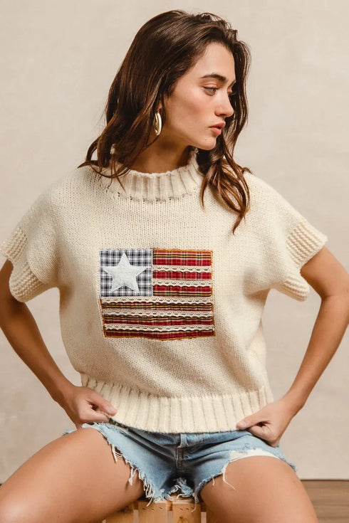 BiBi American Flag Patchwork Drop Shoulder Sweater - Fashorio