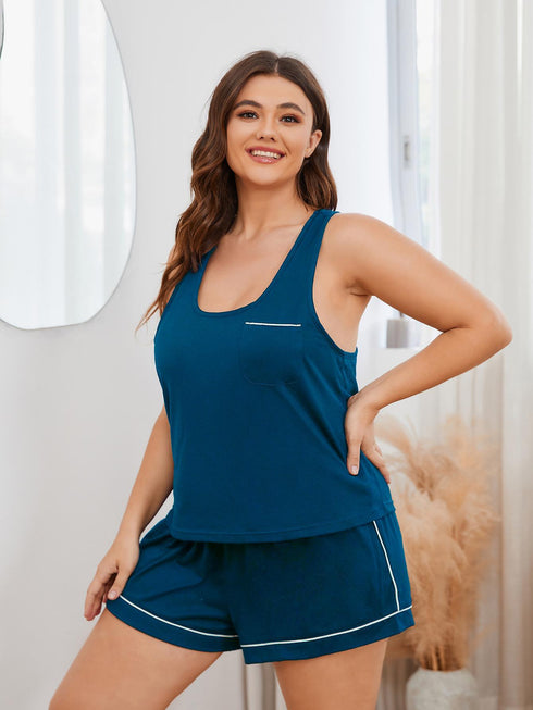Plus Size Contrast Piping Racerback Tank and Shorts Lounge Set - Fashorio