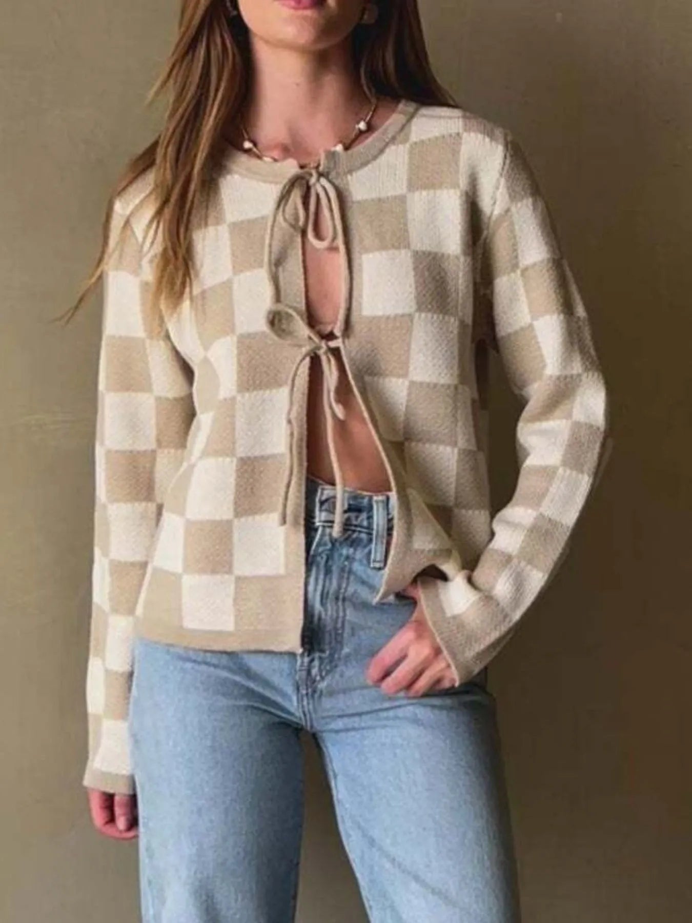 Checkered Tie-Front Cropped Cardigan - Fashorio
