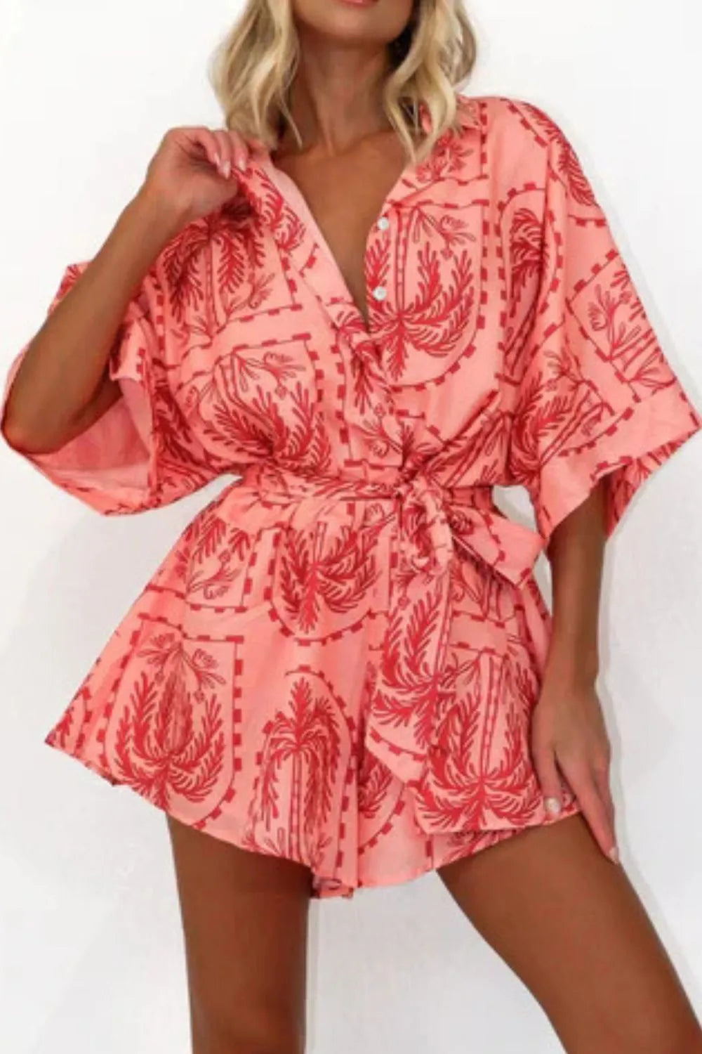 Printed Tie Waist Romper - Fashorio
