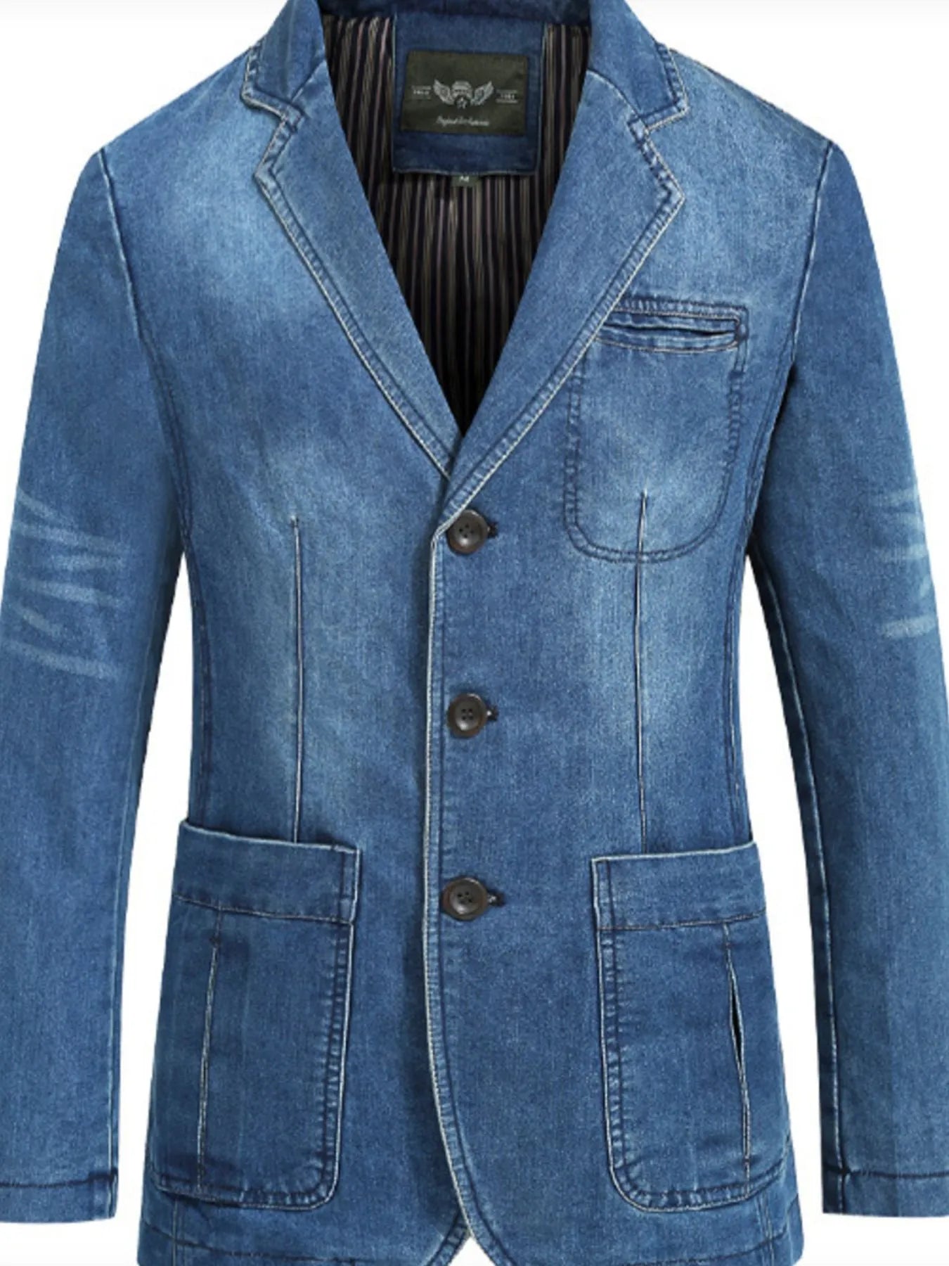 Men's Plus Size Single-Breasted Denim Blazer Jacket Light Blue - Fashorio