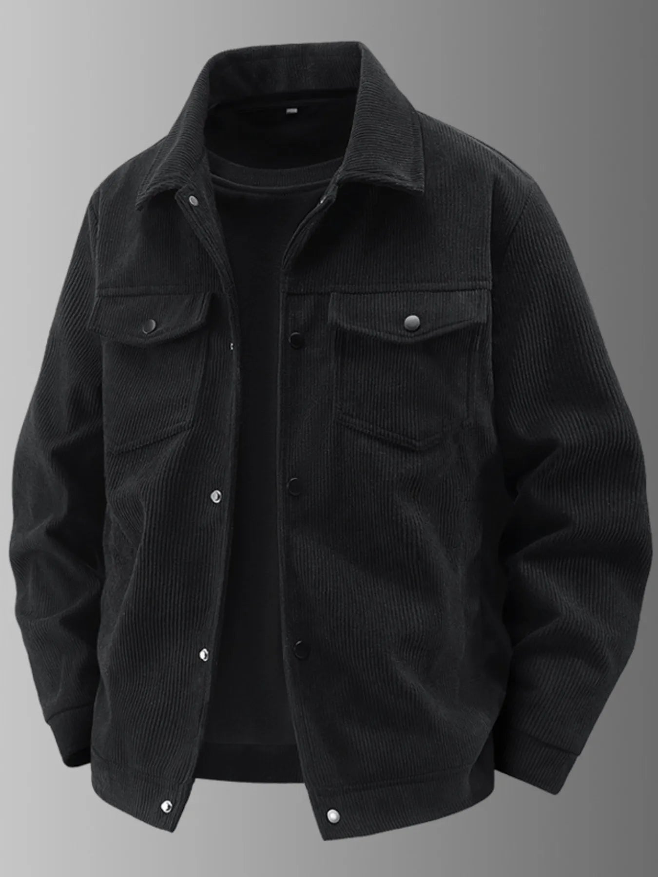 Men's Plus Size Corduroy Button-Up Jacket with Chest Pockets Black - Fashorio