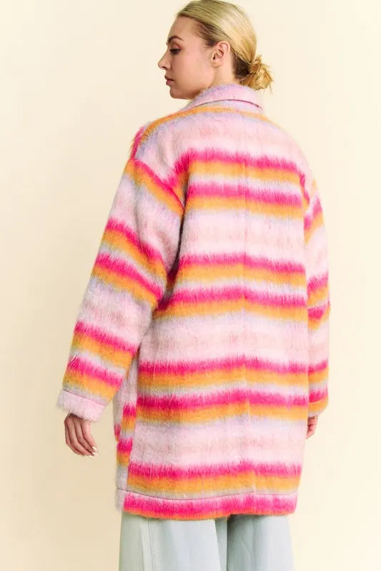 Davi & Dani Contrast Striped Open Front Coat with Pockets - Fashorio
