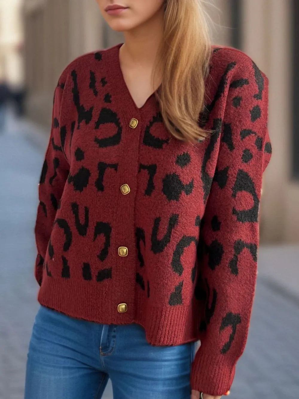 Leopard V-Neck Button Up Cardigan - Fashorio