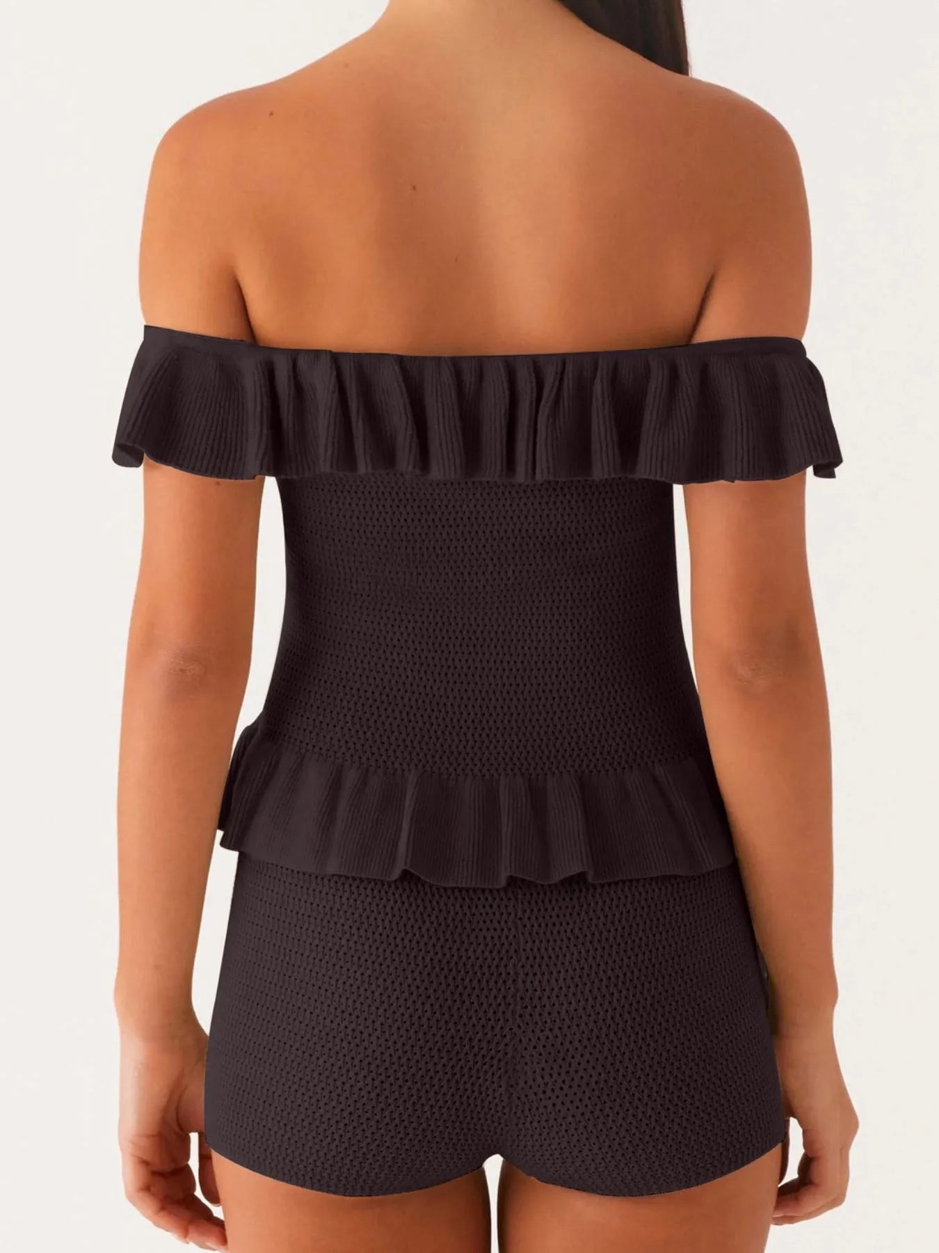 Off-Shoulder Ruffle Top and Shorts Sweater Set - Fashorio