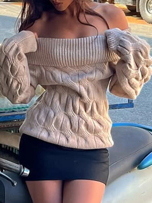 Cable Knit Off-Shoulder Sweater Khaki - Fashorio