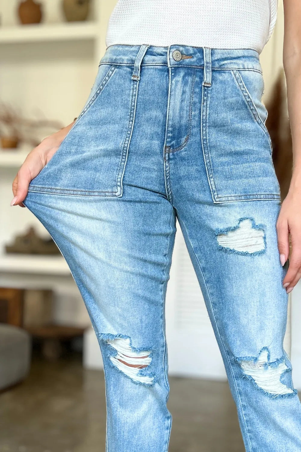 Judy Blue Full Size Distressed Straight Jeans with Patch Pockets - Fashorio