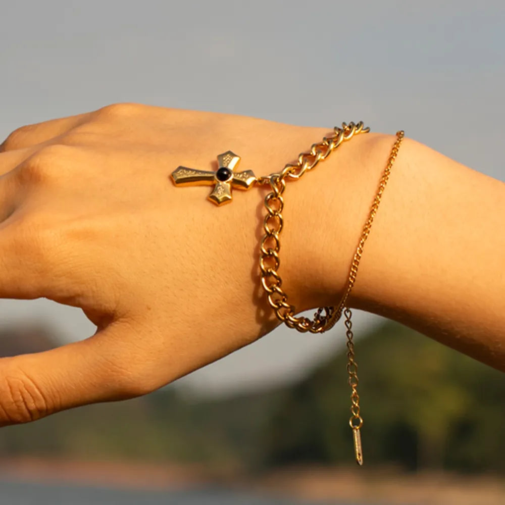 Stainless Steel Imitation Gemstone Cross Shape Pendant Bracelet - Fashorio