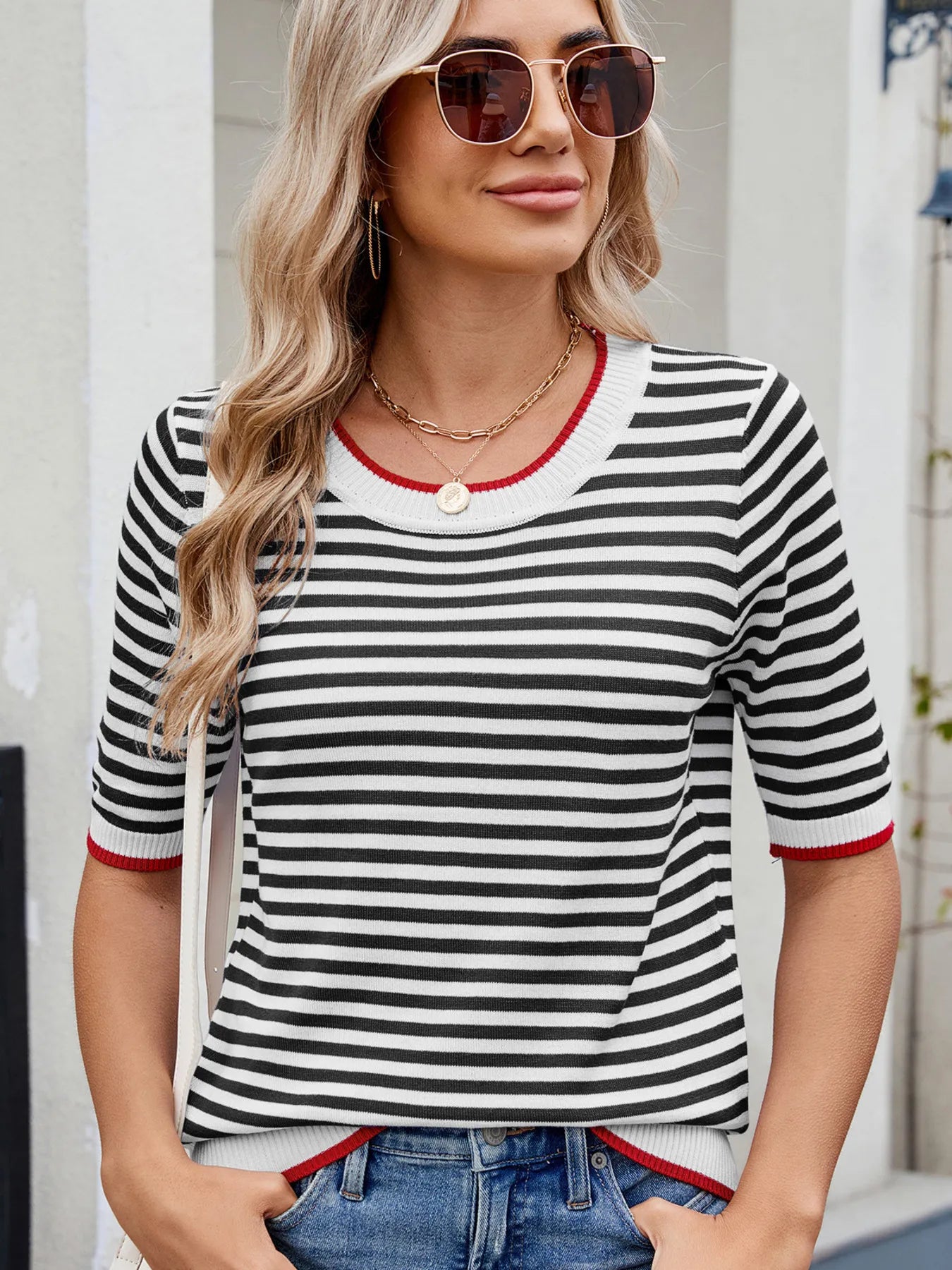 Striped Casual T-Shirt with Contrast Trim Black White - Fashorio