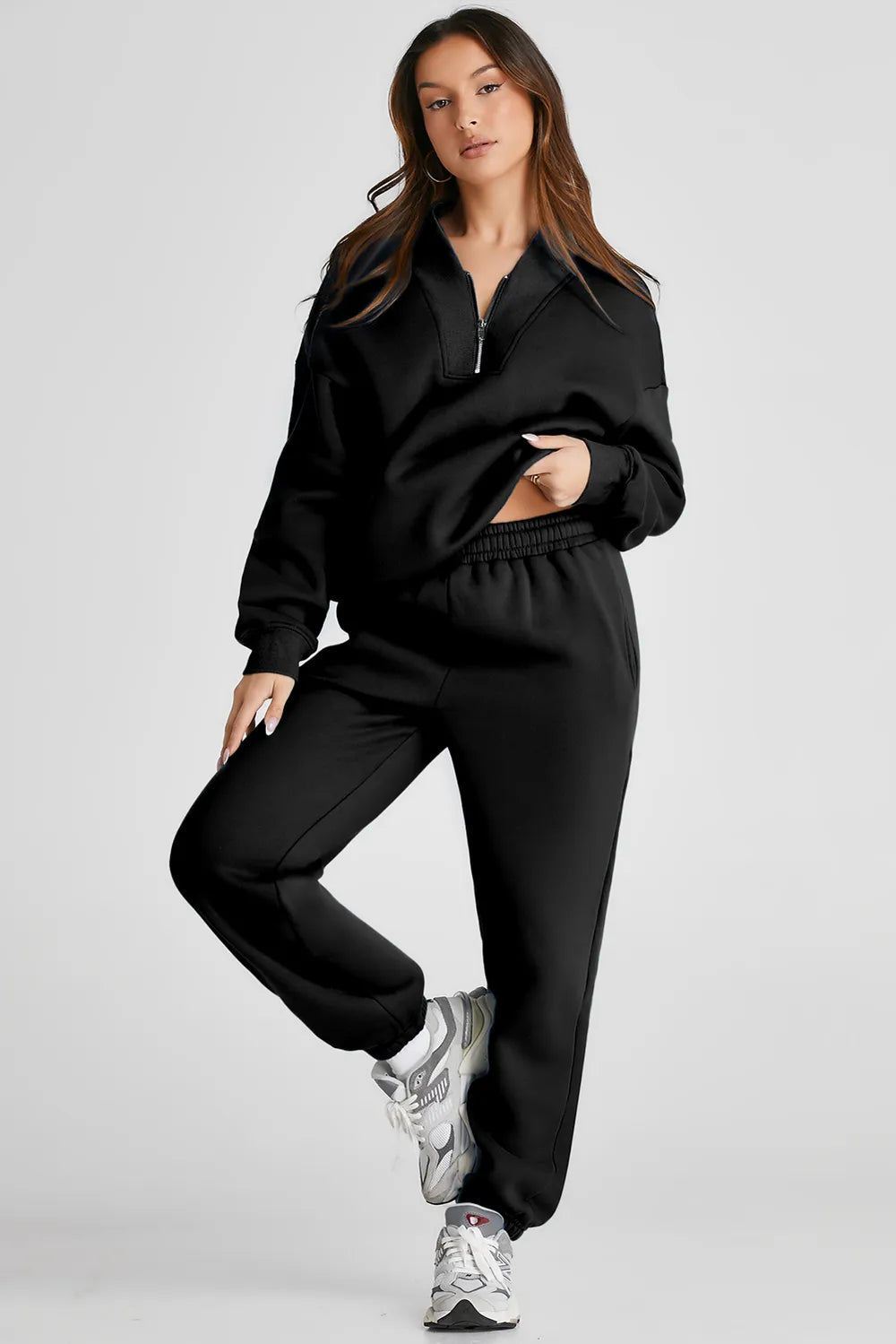 Quarter Zip Long Sleeve Top and Pants Set - Fashorio