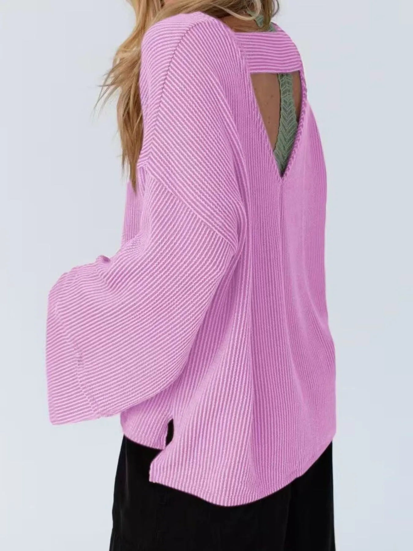 Cutout Back Long Sleeve T-Shirt - Fashorio