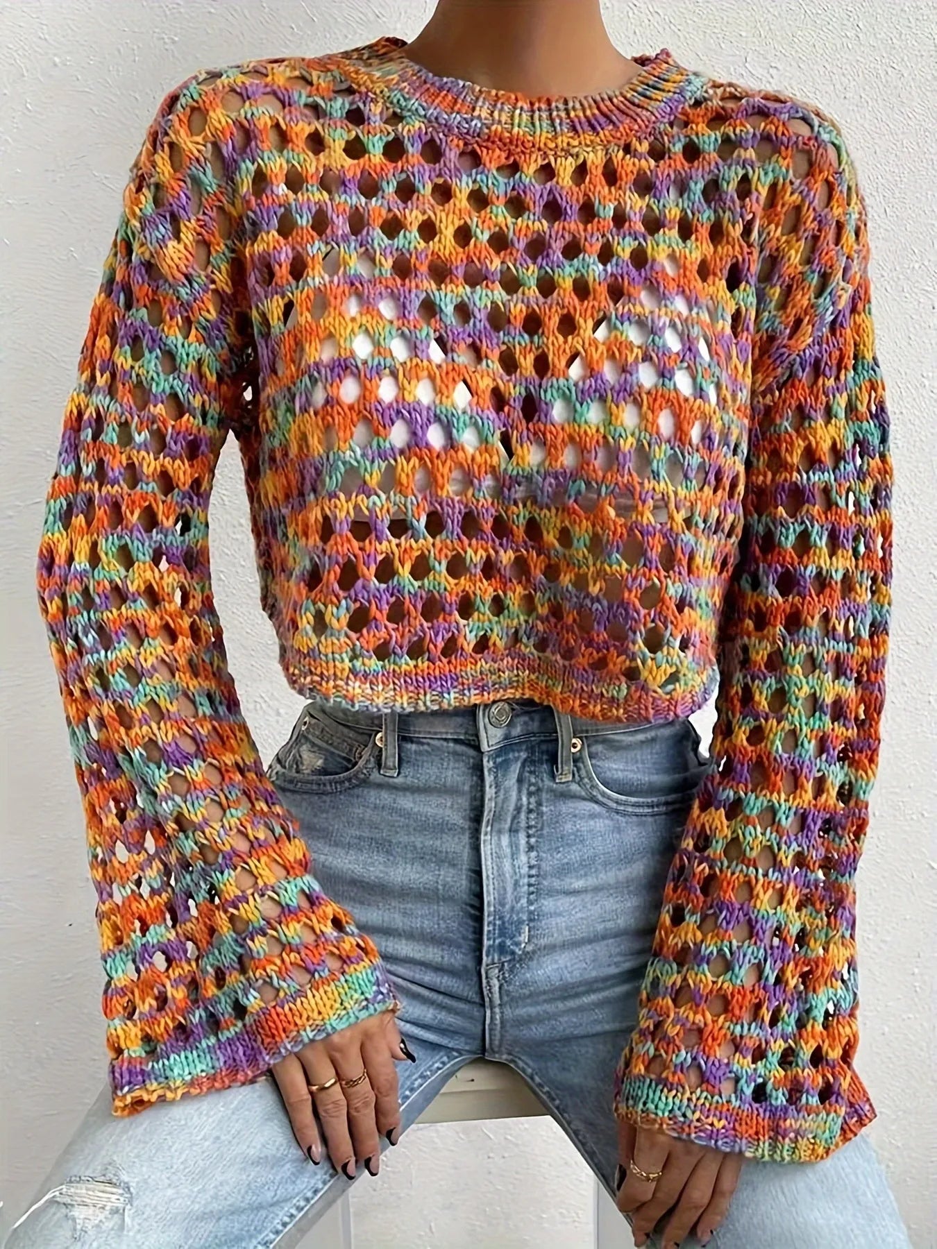 Rainbow Crochet Hollow Out Cropped Sweater - Fashorio