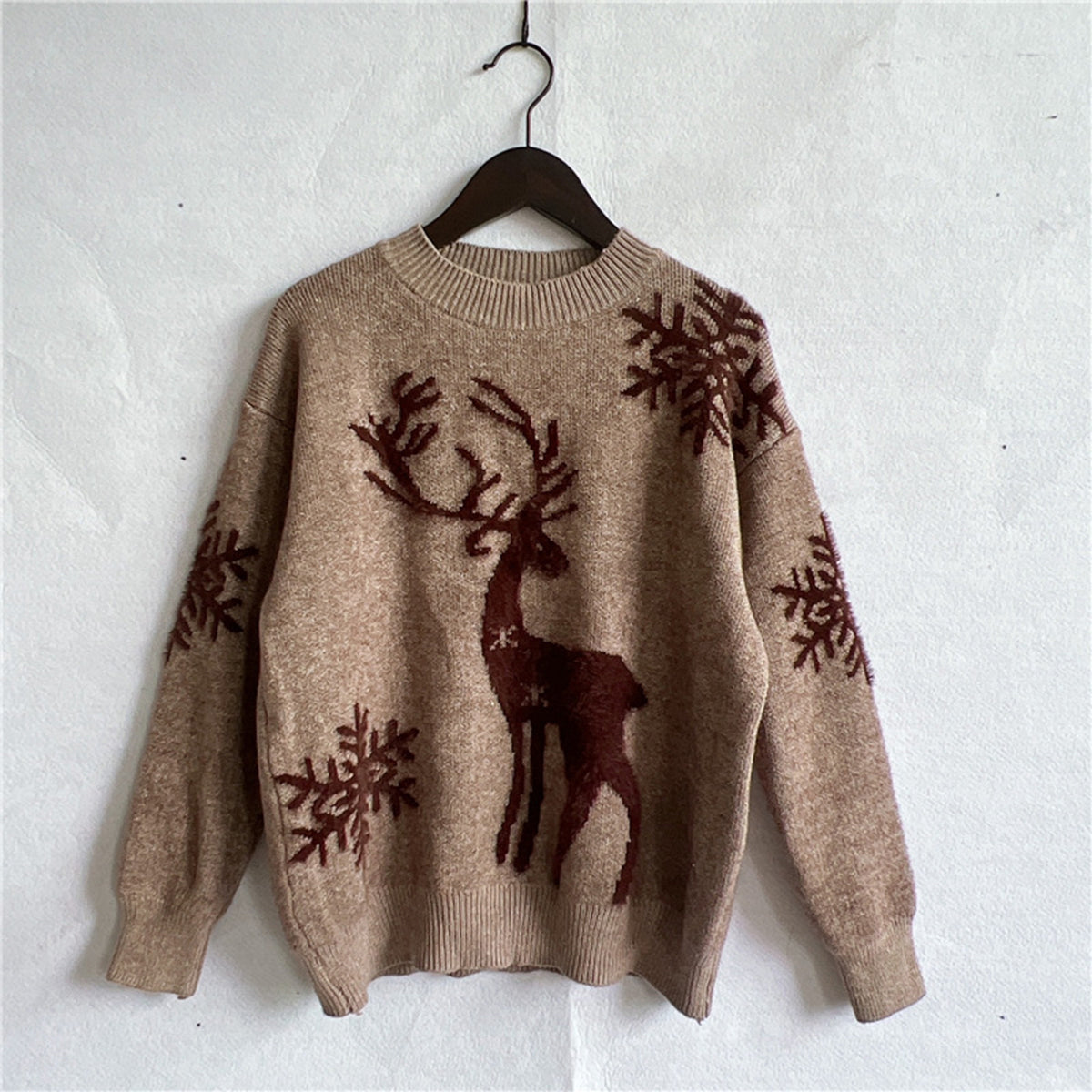 Reindeer and Snowflake Pattern Sweater Mocha - Fashorio