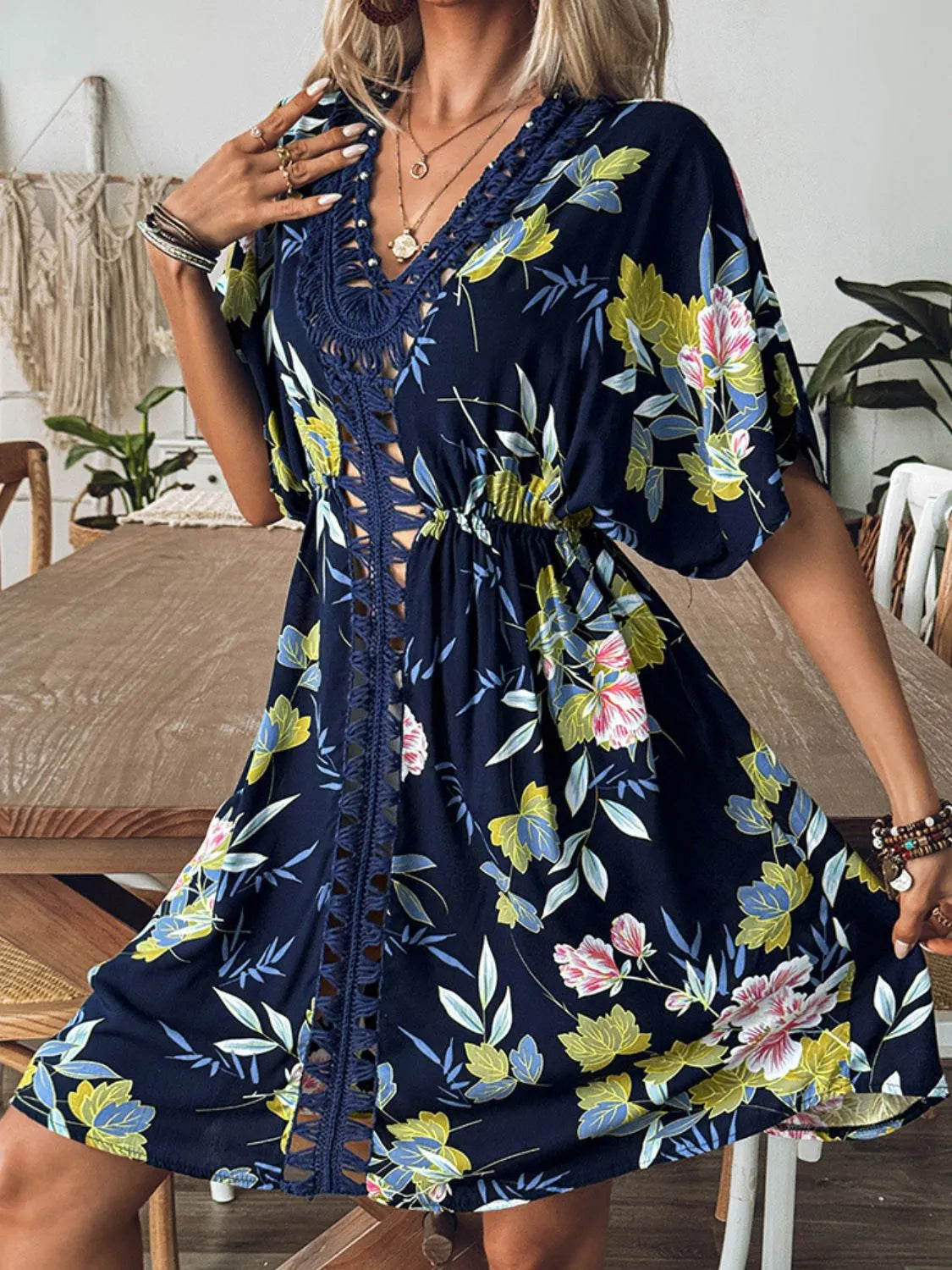 Crochet Front V-Neck Printed Cover-Up - Fashorio