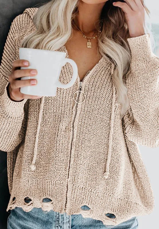 Distressed Zip Up Drawstring Hooded Cardigan - Fashorio