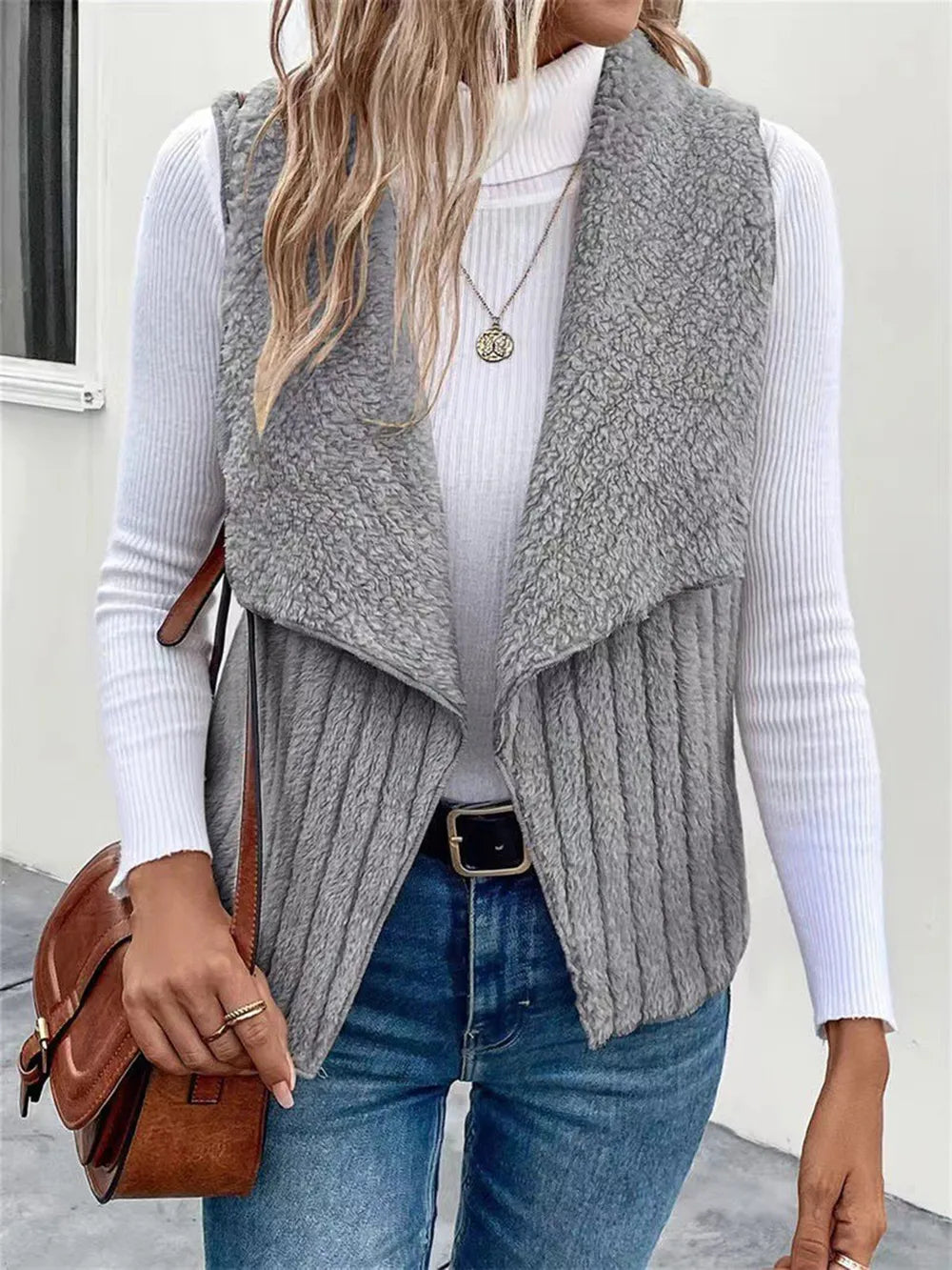 Open Front Fuzzy Vest Coat Gray - Fashorio