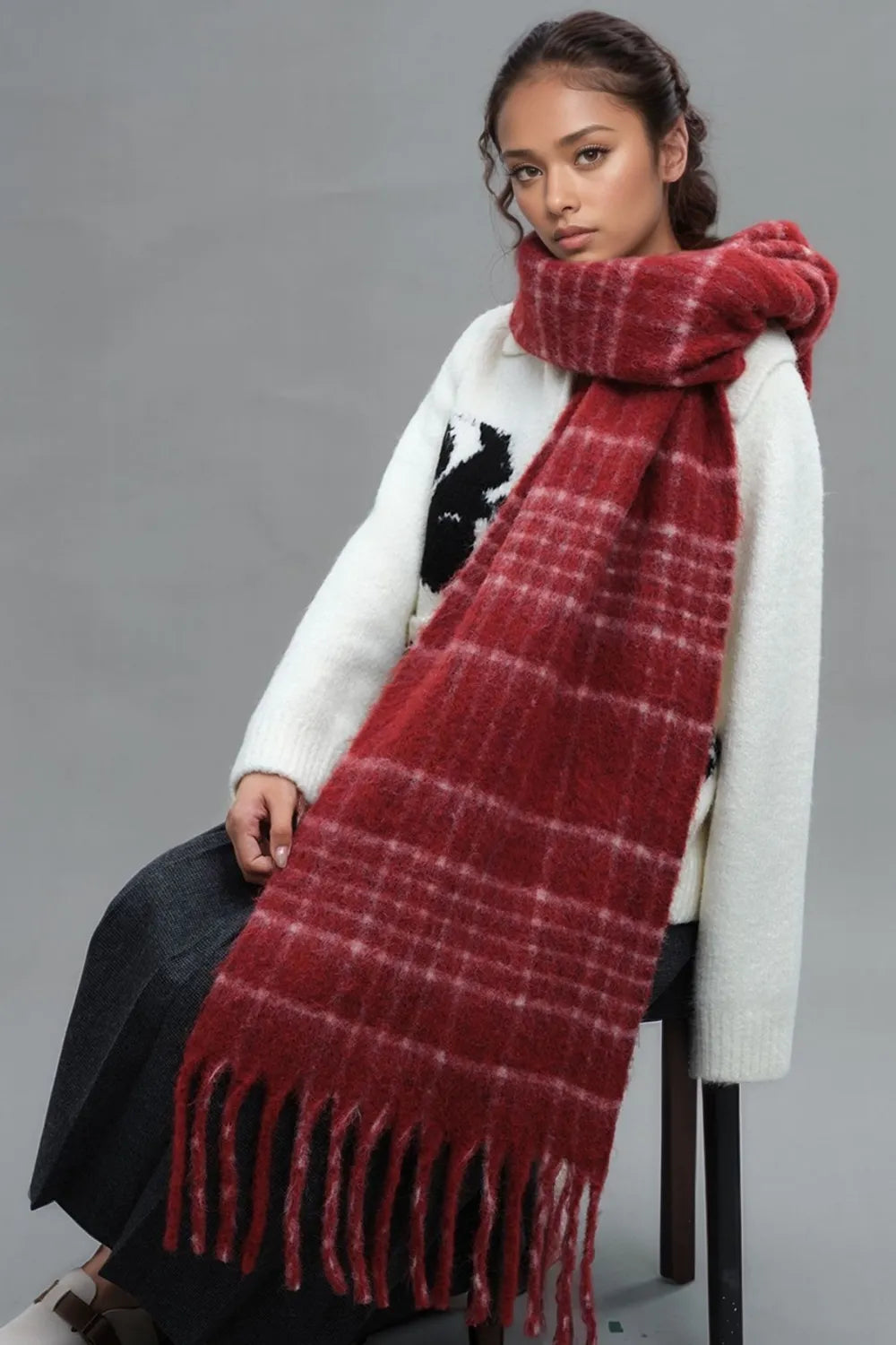 Fringe Plaid Thermal Scarf - Fashorio