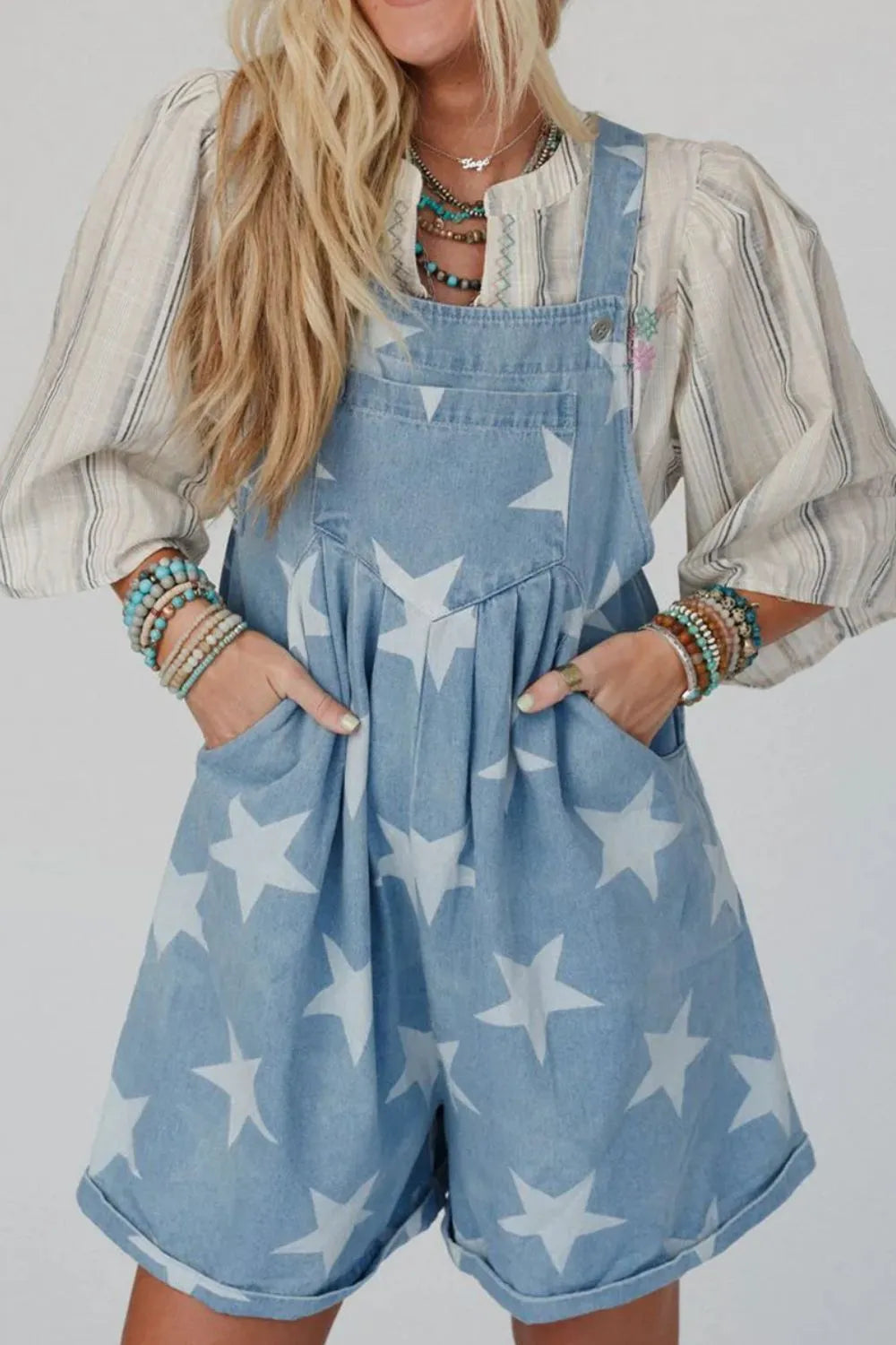 Star Print Square Neck Denim Overalls - Fashorio