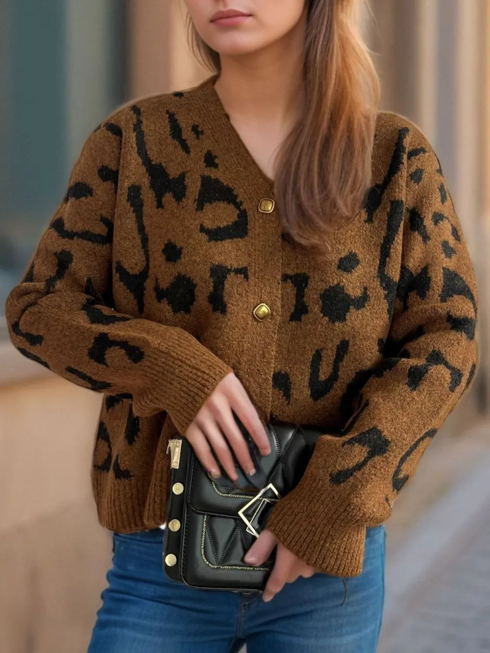 Leopard V-Neck Button Up Cardigan Caramel One Size - Fashorio