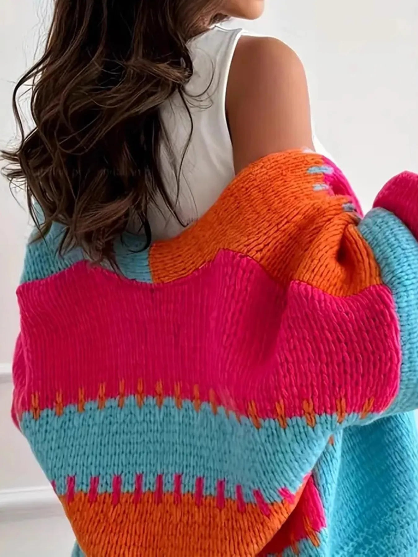 Color Block Drop Shoulder Cardigan - Fashorio