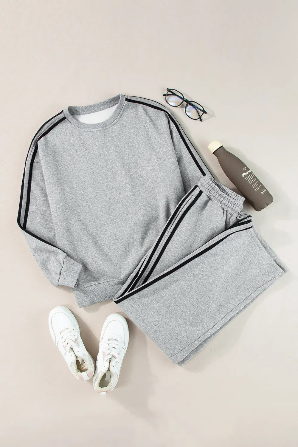 Side Striped Round Neck Top and Pants Active Set - Fashorio