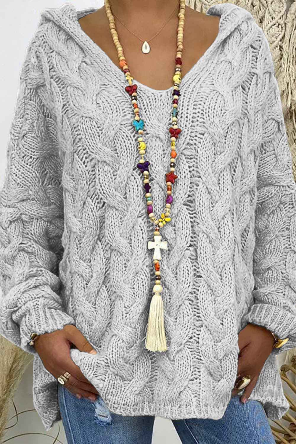 Cable-Knit Hooded Sweater Light Gray - Fashorio