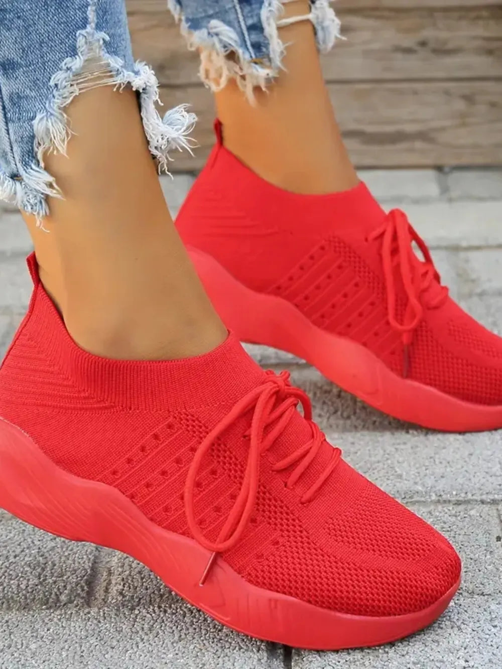 Mesh Round Toe Flat Athletic Red - Fashorio