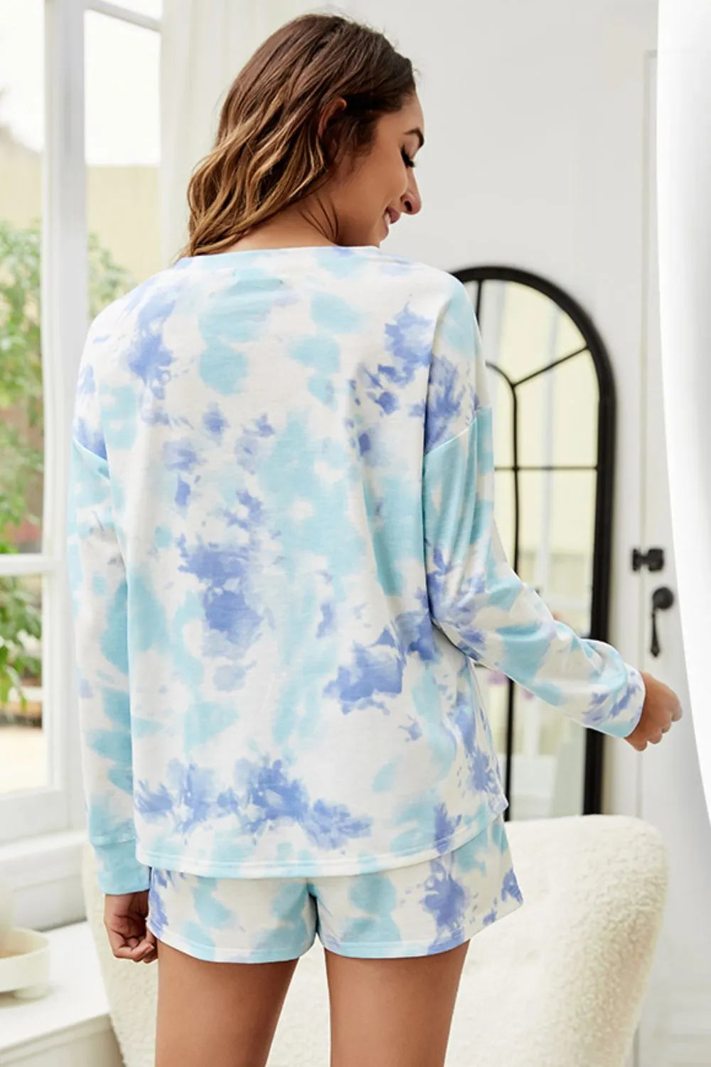Shiny Tie-Dye Dropped Shoulder Top and Shorts Lounge Set - Fashorio