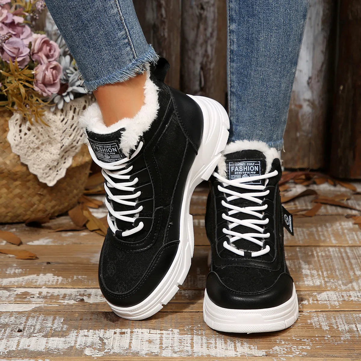 High-Top Platform Chunky Sneaker Boots with Lace-Up Black - Fashorio