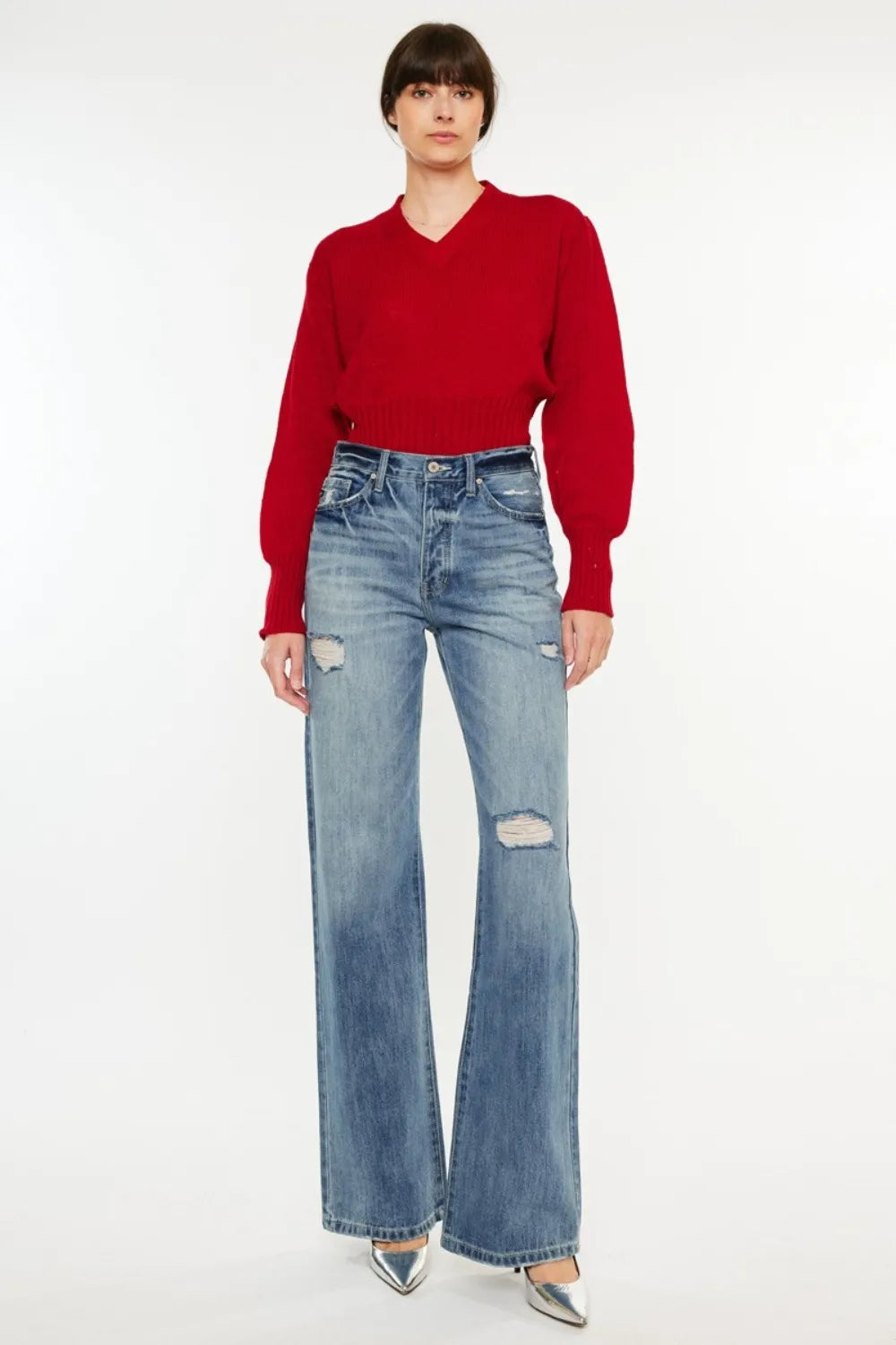 Kancan Distressed High Waist Bootcut Jeans Medium - Fashorio