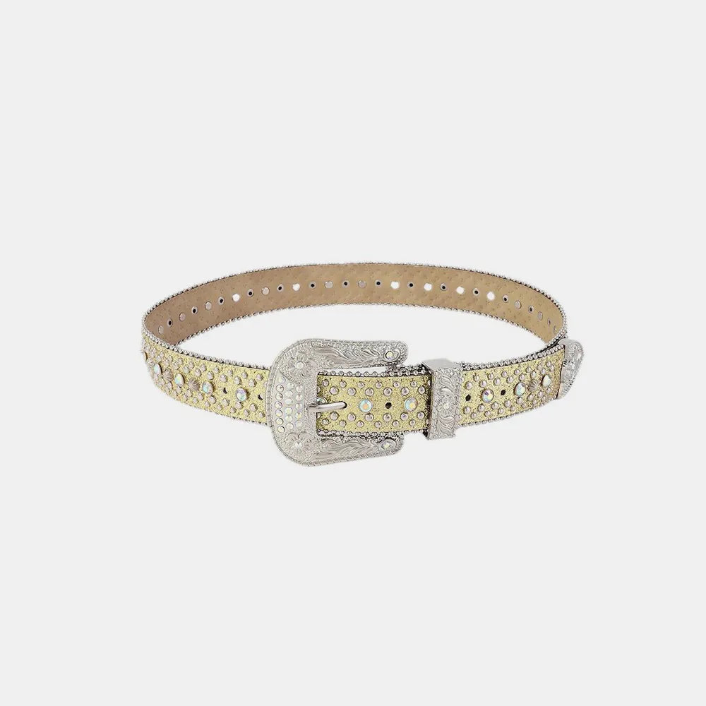 Rhinestone PU Leather Belt Light Yellow - Fashorio