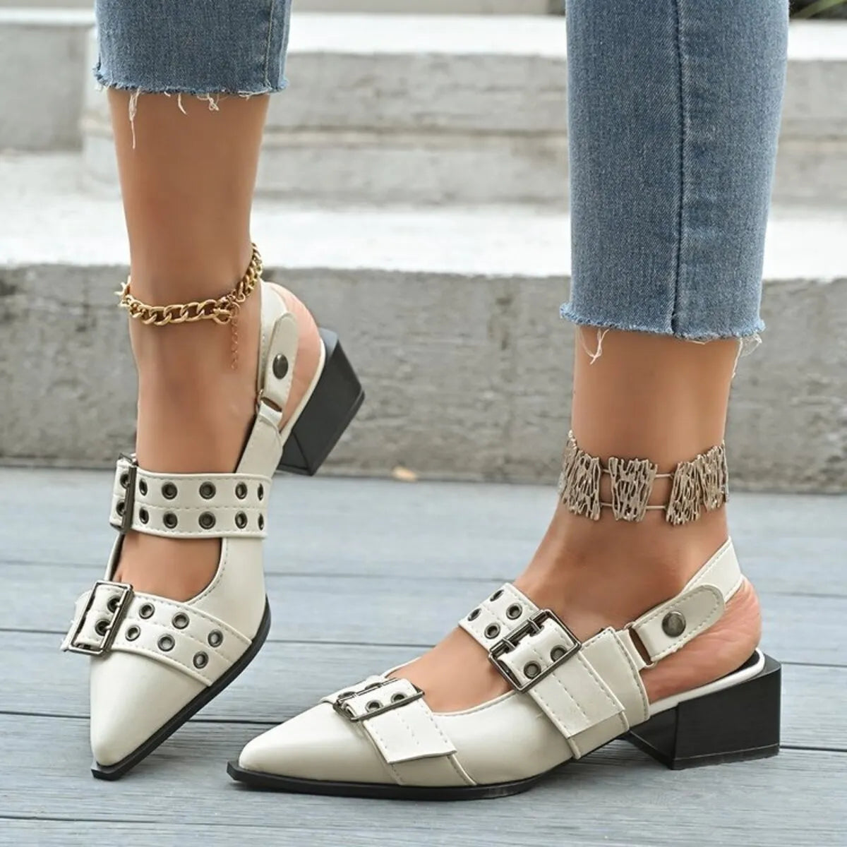 Point Toe Block Heels Slingback Pumps - Fashorio