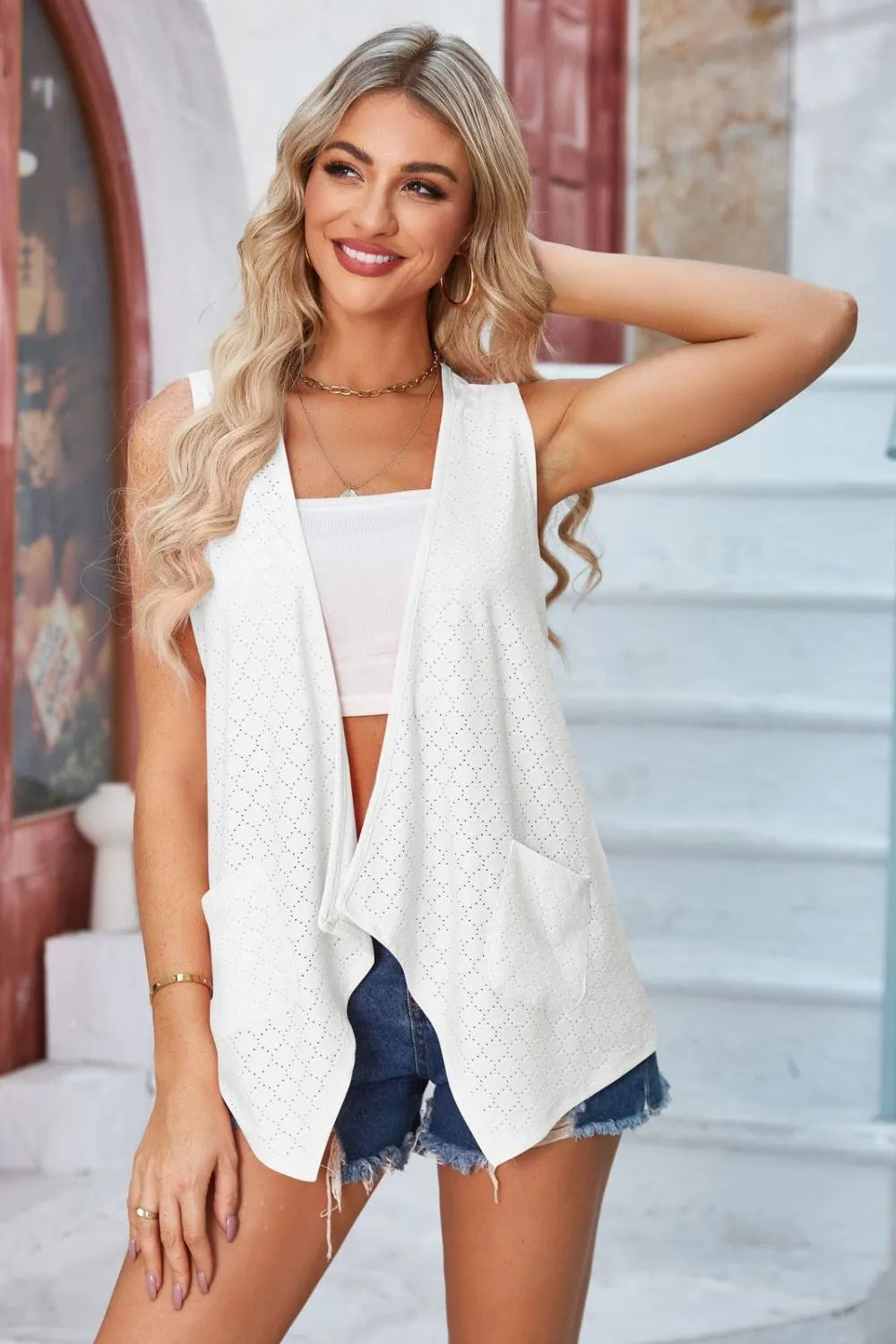 Eyelet Open Front Sleeveless Cardigan - Fashorio