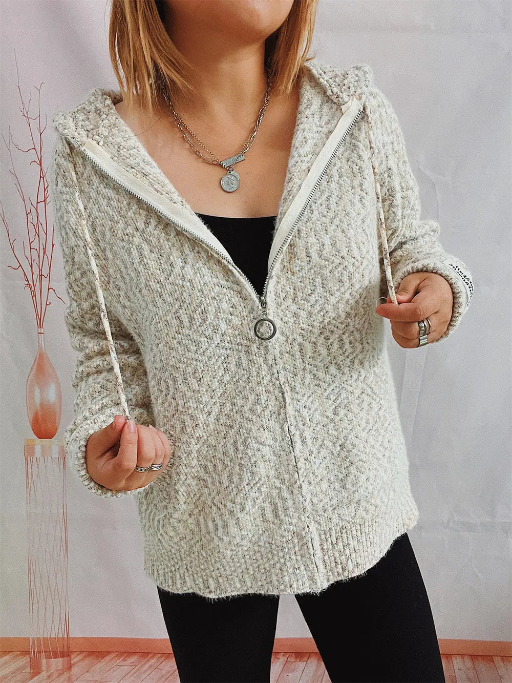 Zip Up Drawstring Long Sleeve Hooded Sweater - Fashorio