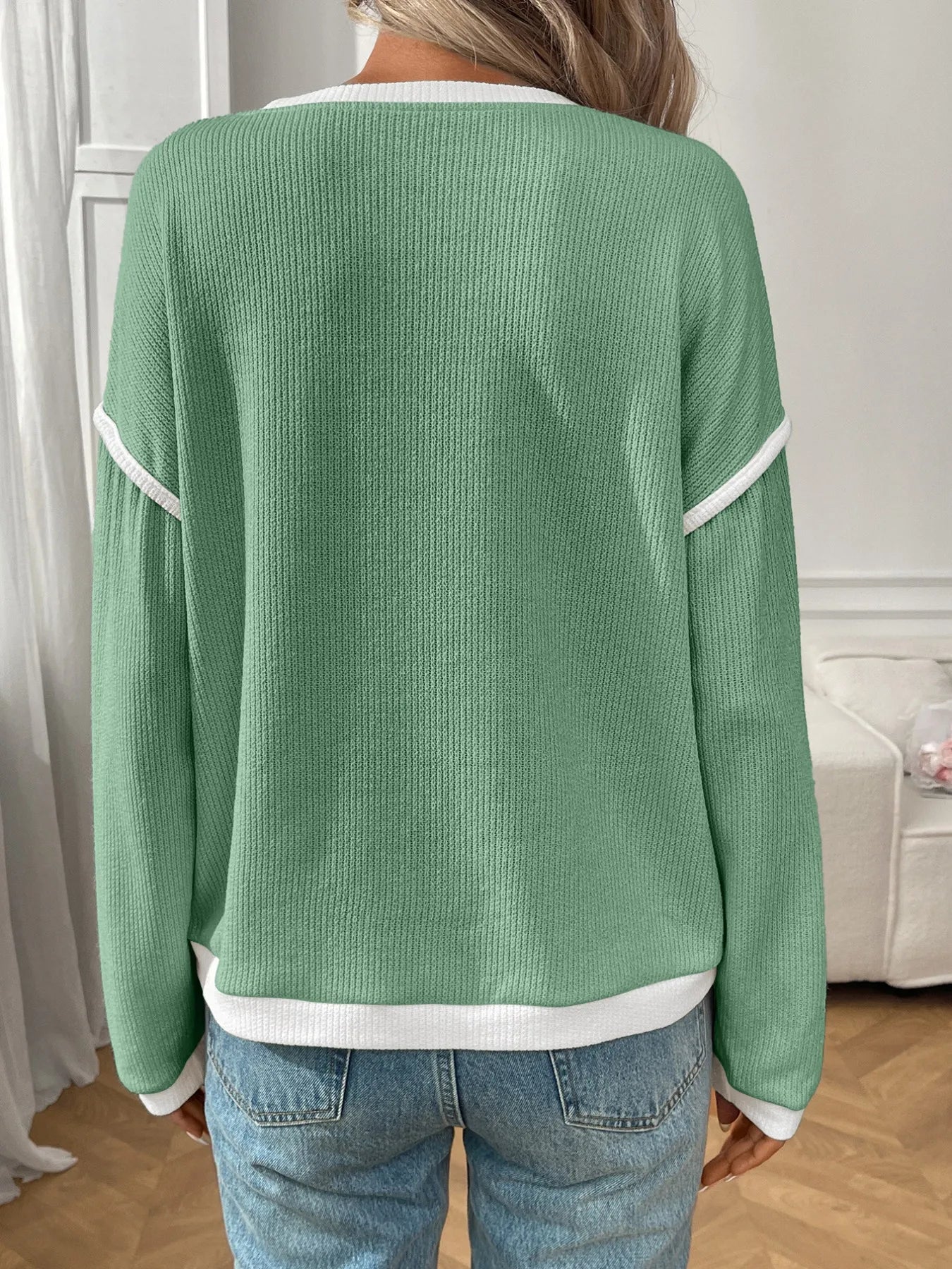 Ribbed Contrast Trim Long Sleeve Top - Fashorio